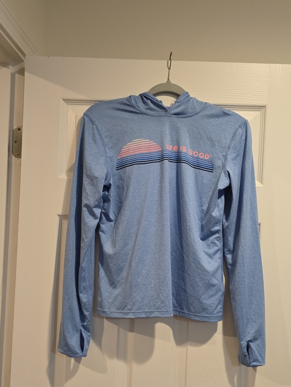 Life Is Good Light Blue Hooded Long Sleeve Tee with Chest Graphic